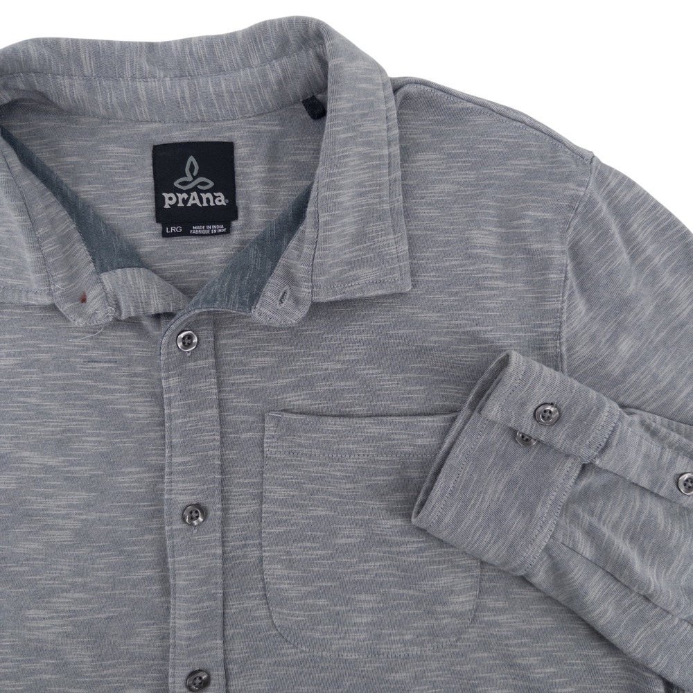 prAna Mens Large Ronnie Gray Heathered Shirt Button Long Sleeve Pockets Hiking